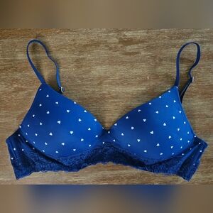 PINK Victoria's Secret Navy Blue Lace Bra with Hearts Push Up No Underwire 34C